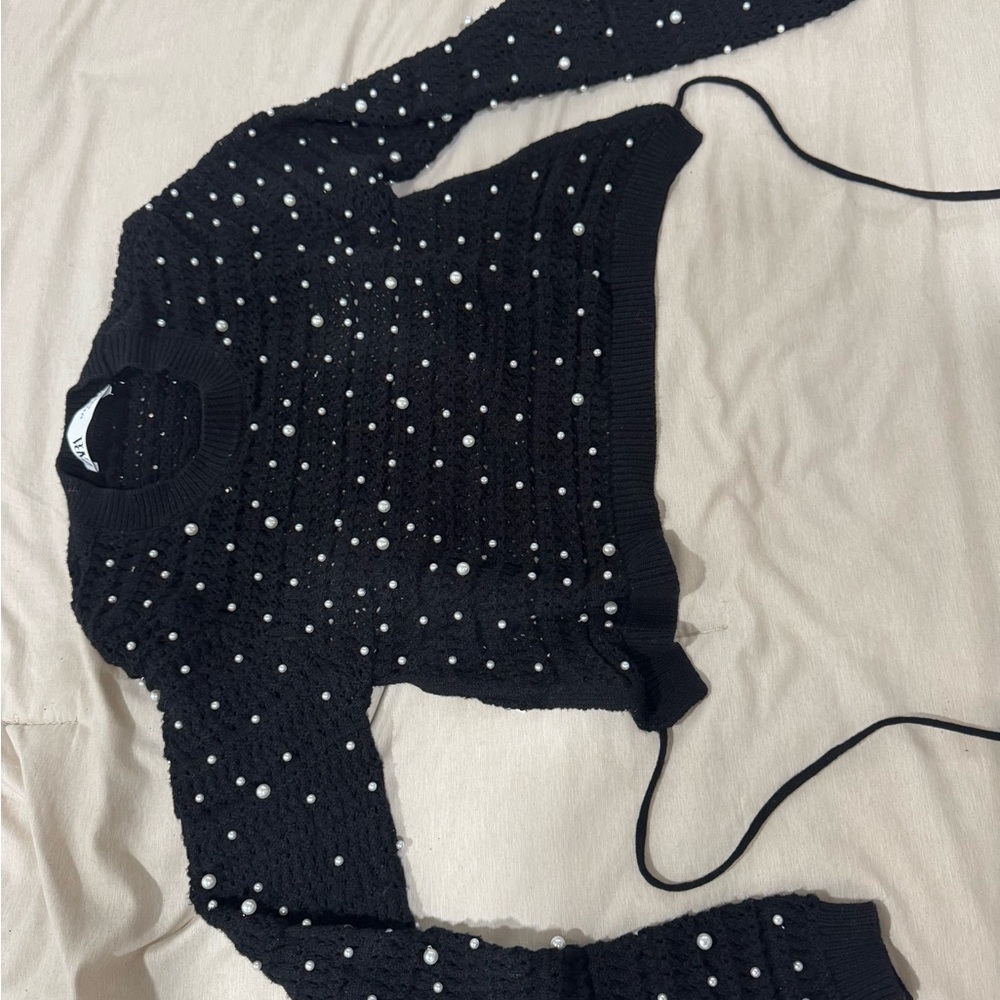 Black Sweater with Pearl Accents